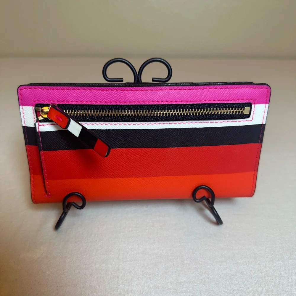 Kate‎ Spade New York Striped Saffiano Leather Bifold Slim Wallet Red Pink Black